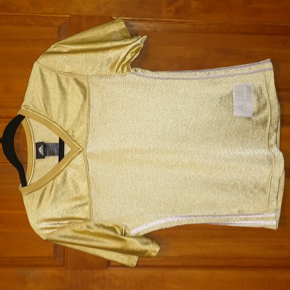 Adidas women's size SP short sleeve varsity shirt in gold mesh and nylon
